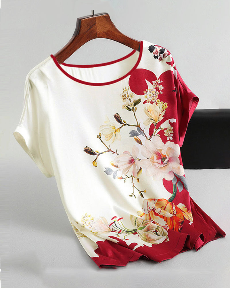 Printed ice silk short-sleeved t-shirt Red 23BF clothes Short Sleeve Tops T-shirts Tops/Blouses