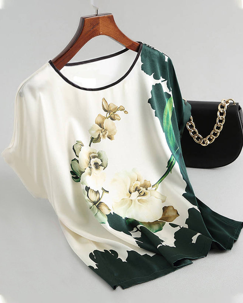 Printed ice silk short-sleeved t-shirt Green 23BF clothes Short Sleeve Tops T-shirts Tops/Blouses