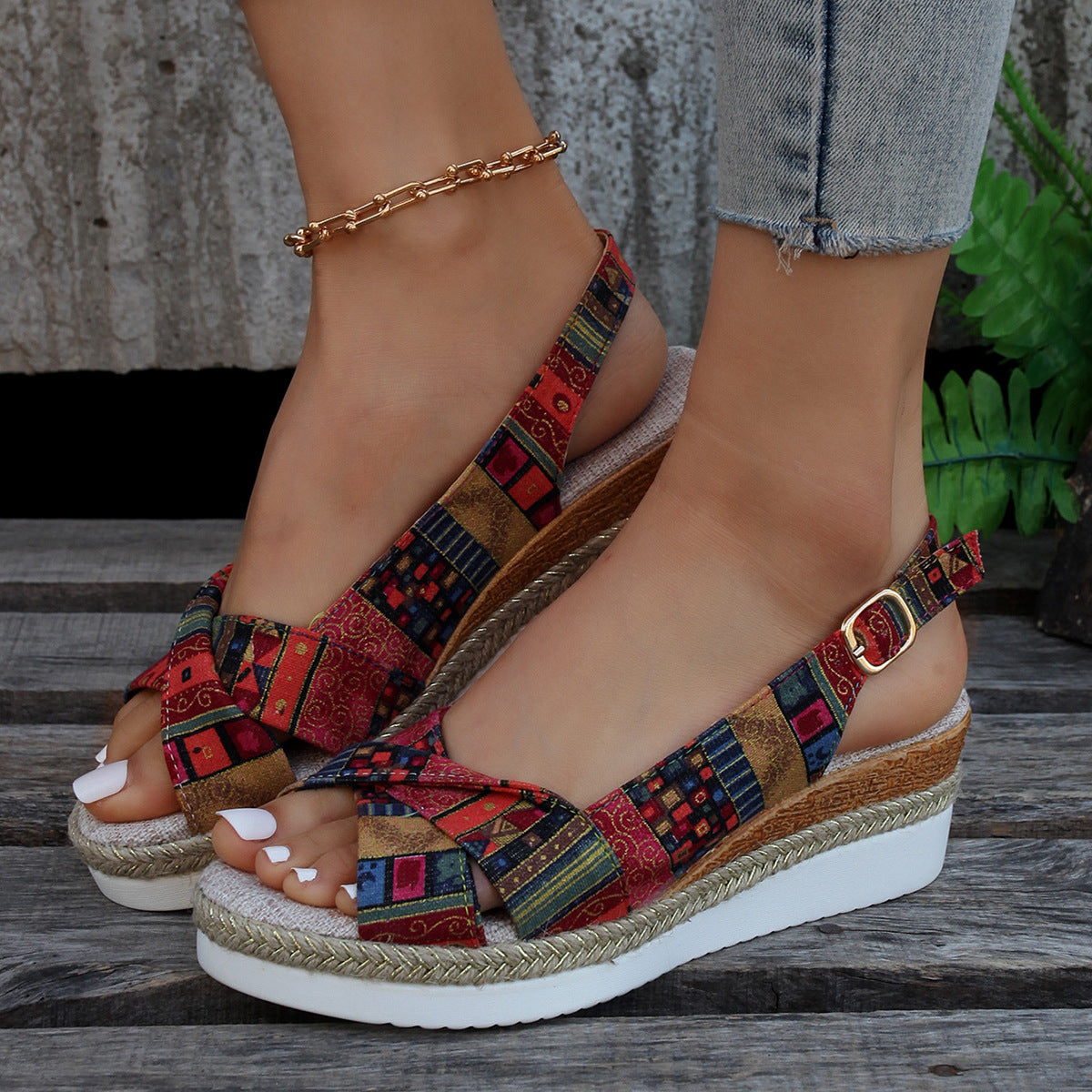 Adelaide® | Sandali espadrillas con zeppa e punta aperta stampata