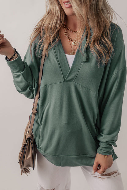 V-Neck Long Sleeve Hooded Top - Shimmervee