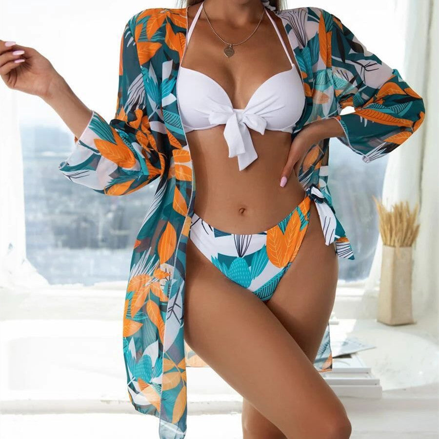 Women's Push Up Bikini with Matching Floral Kimono Three Piece Set