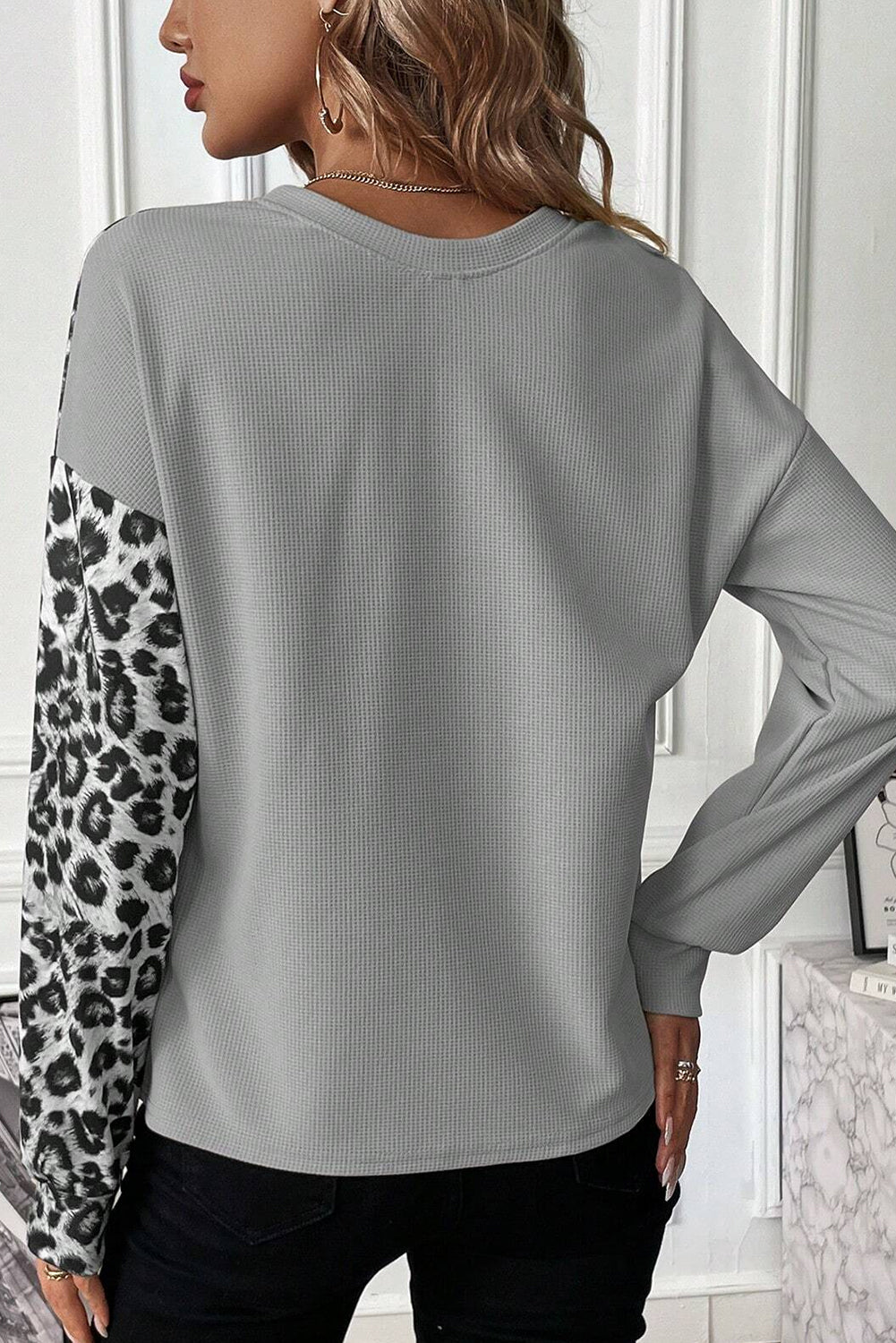 Leopard Colorblock Waffle Knit Top - Long Sleeve Tops - Sunny Angela