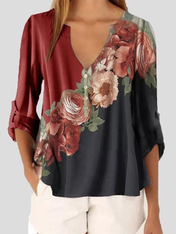 Long Sleeve V-neck Floral Print Chiffon Shirt - Blouses - INS | Online Fashion Free Shipping Clothing, Dresses, Tops, Shoes - 11/06/2021 - BLO2106110098 - Blouses