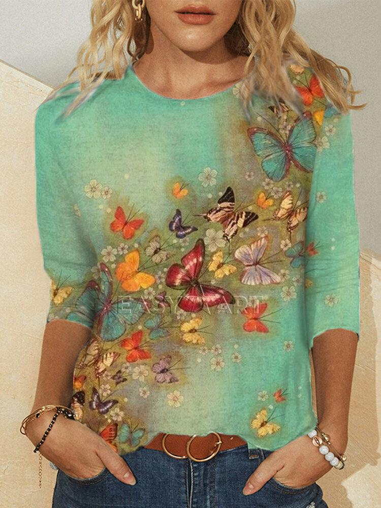 Loose Long Sleeve Round Neck Butterfly Print T-shirt - T-Shirts - INS | Online Fashion Free Shipping Clothing, Dresses, Tops, Shoes - 20-30 - 23/06/2021 - color-blue