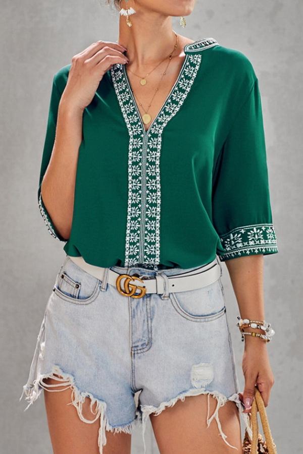 V-neck Ethnic Style Embroidered Lace Blouse - Pavacat