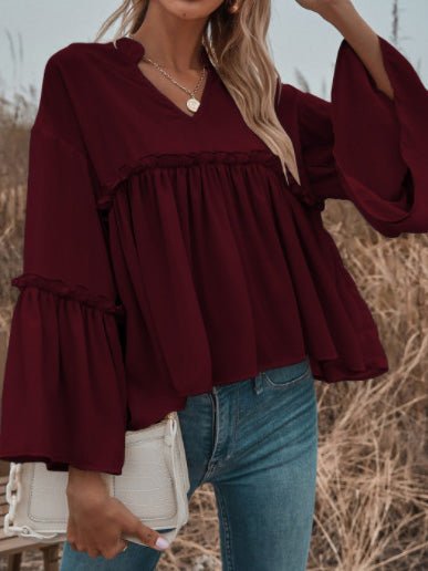 Women's Blouses Solid V-Neck Flared Long Sleeve Chiffon Blouse - Blouses - Instastyled | Online Fashion Free Shipping Clothing, Dresses, Tops, Shoes - 17/03/2022 - 20-30 - BLO2203171635