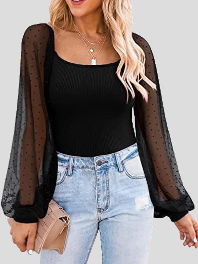 Women's Blouses Square Neck Mesh Panel Balloon Sleeves Blouse - Blouses - Instastyled | Online Fashion Free Shipping Clothing, Dresses, Tops, Shoes - 29/04/2022 - 30-40 - BLO2204291687