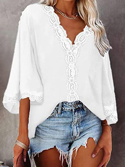 Women's Blouses V-Neck Lace Flare Sleeve Blouse - Blouses - Instastyled | Online Fashion Free Shipping Clothing, Dresses, Tops, Shoes - 20-30 - 21/03/2022 - BLO2203211638