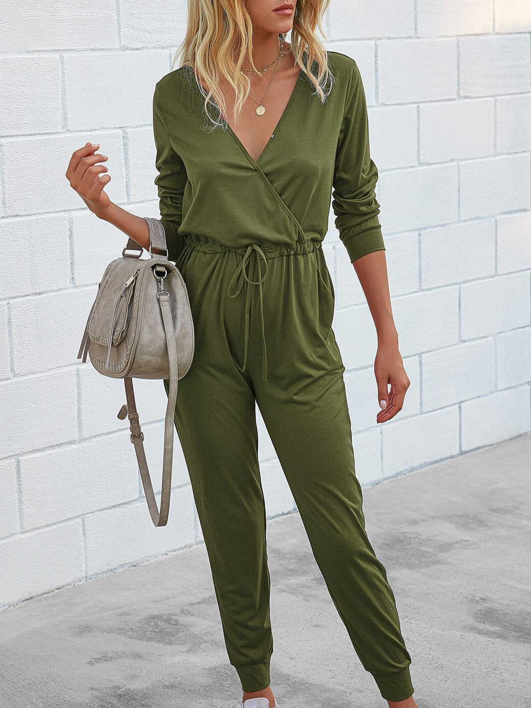 Women's Jumpsuits Deep V-Neck Long Sleeve Slim Fit Jumpsuit - LuckyFash™