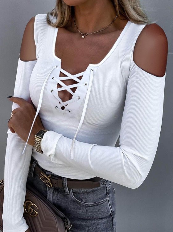 Women's T-Shirts Lace-Up Off-Shoulder Long Sleeve T-Shirt - T-Shirts - Instastyled | Online Fashion Free Shipping Clothing, Dresses, Tops, Shoes - 10/03/2022 - 20-30 - color-black